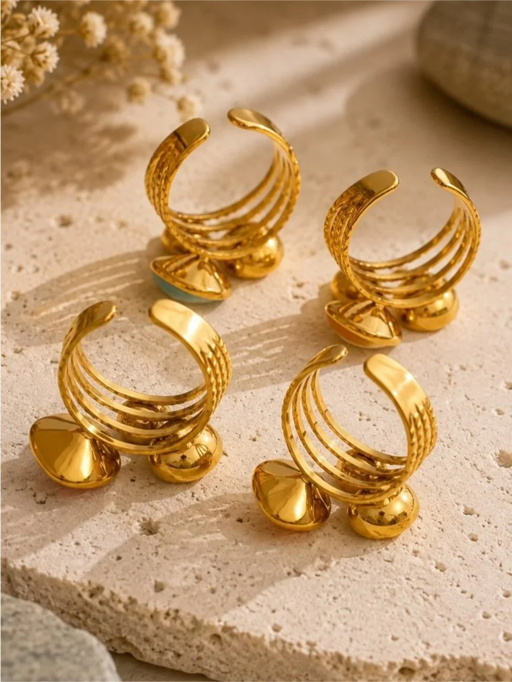18 K Gold plated Stackable Ring Set with Peach, Lavender and Rose Stones